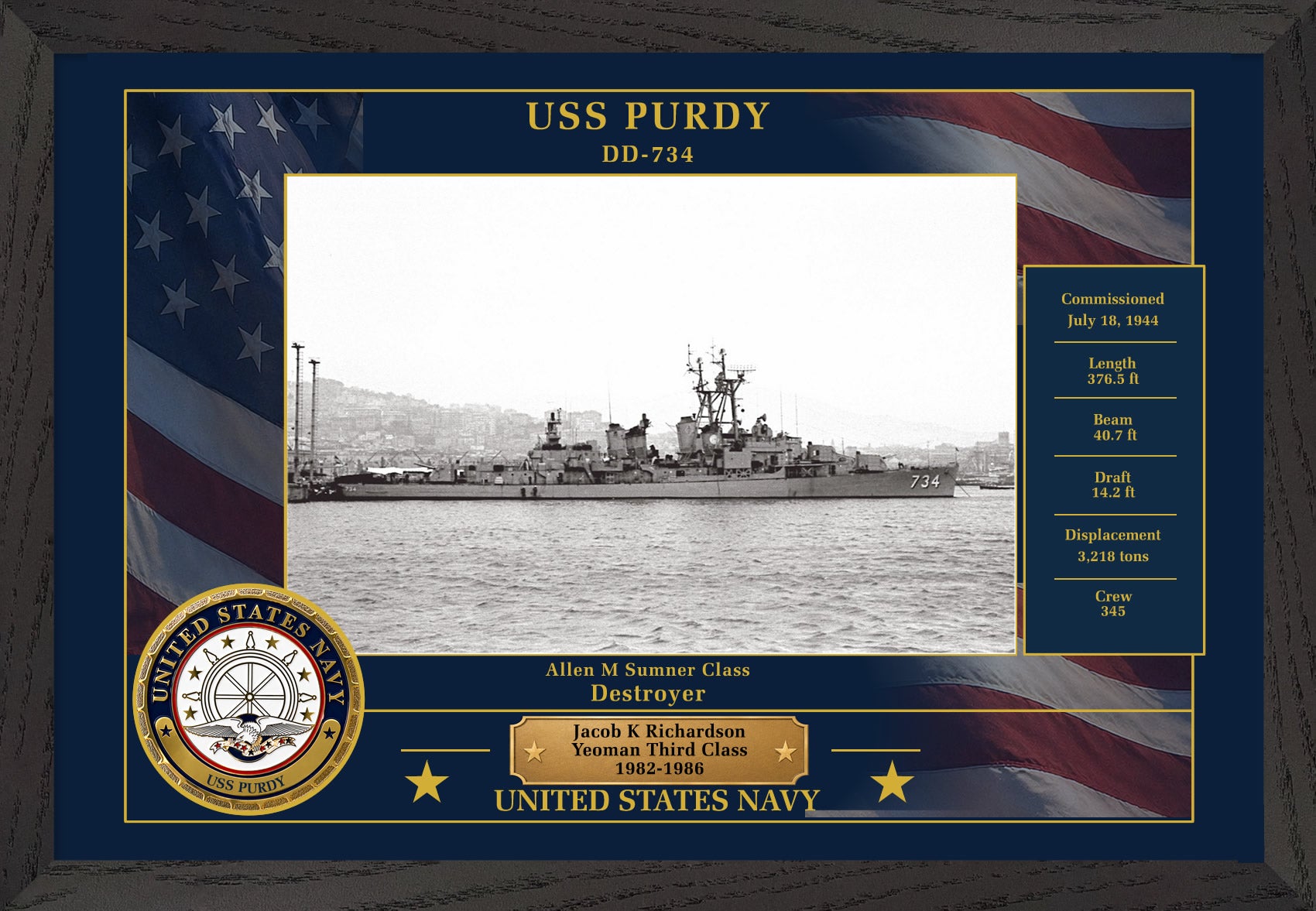 USS Purdy DD-734 Framed Patriotic Photo
