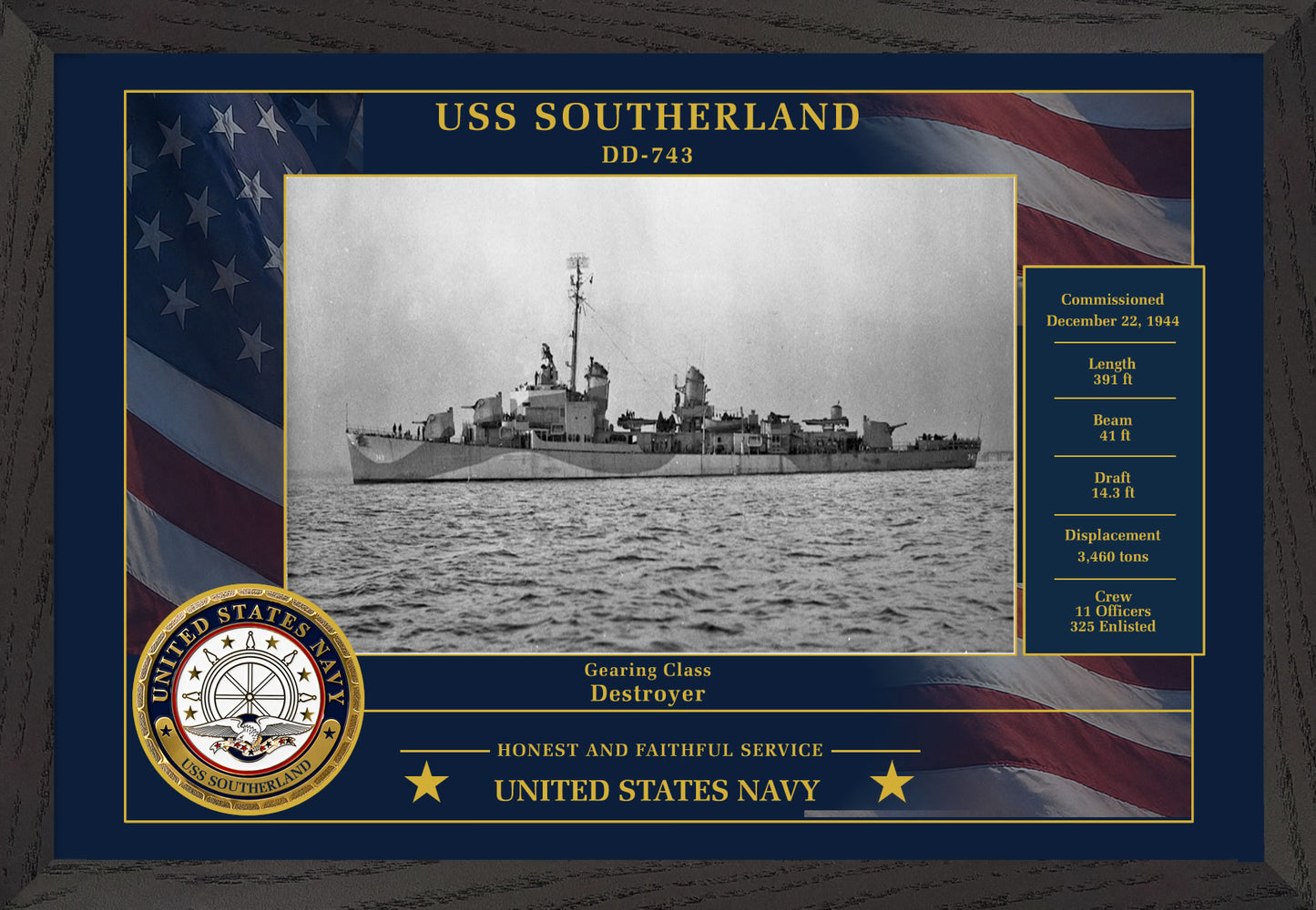 USS Southerland DD-743 Framed Patriotic Photo