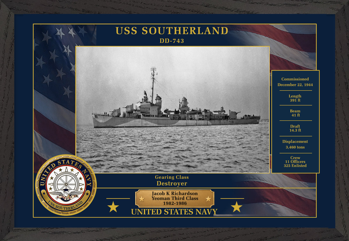 USS Southerland DD-743 Framed Patriotic Photo