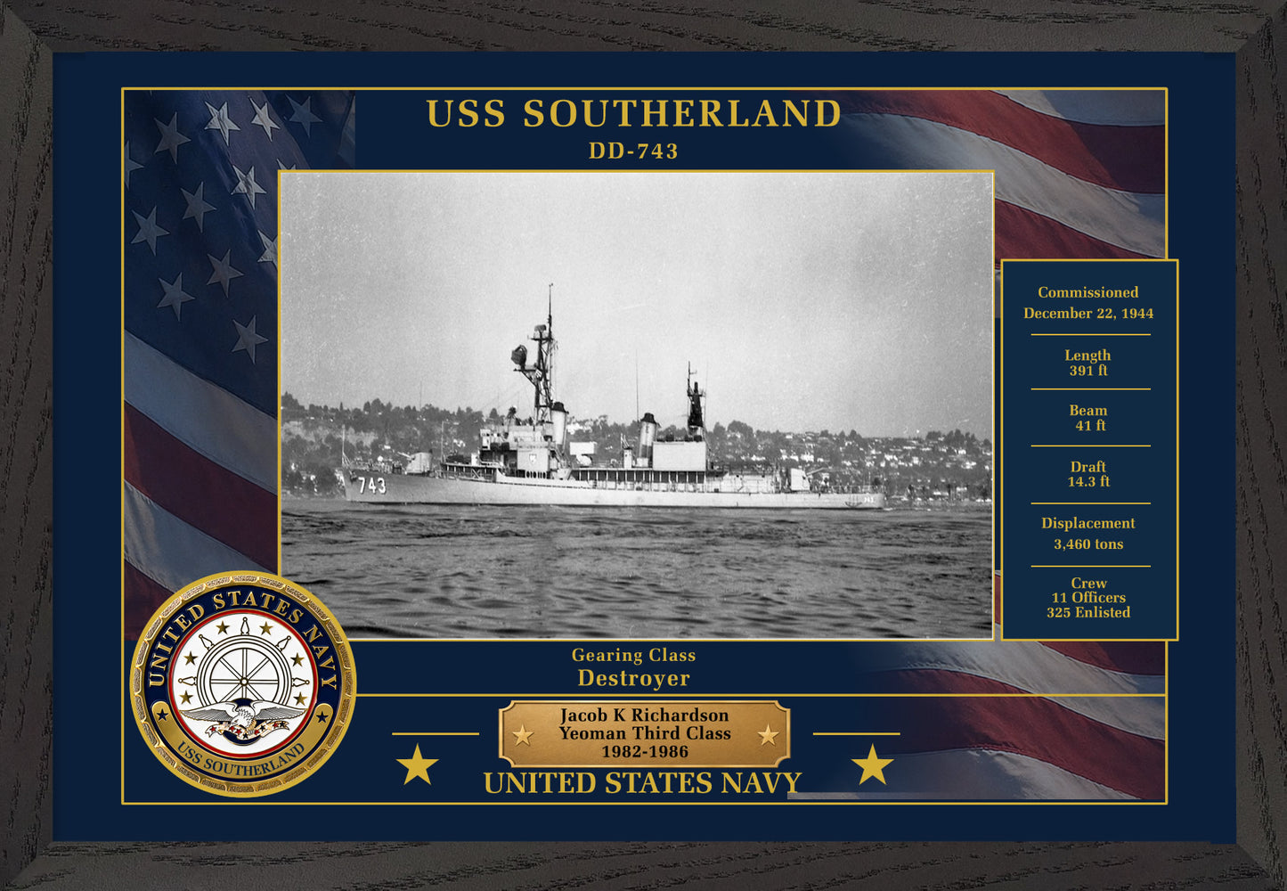 USS Southerland DD-743 Framed Patriotic Photo