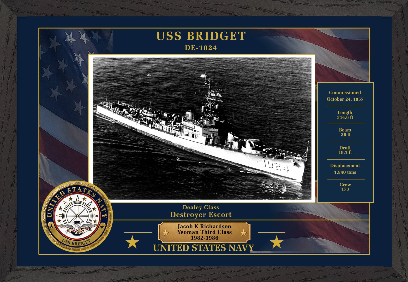 USS Bridget DE-1024 Framed Patriotic Photo