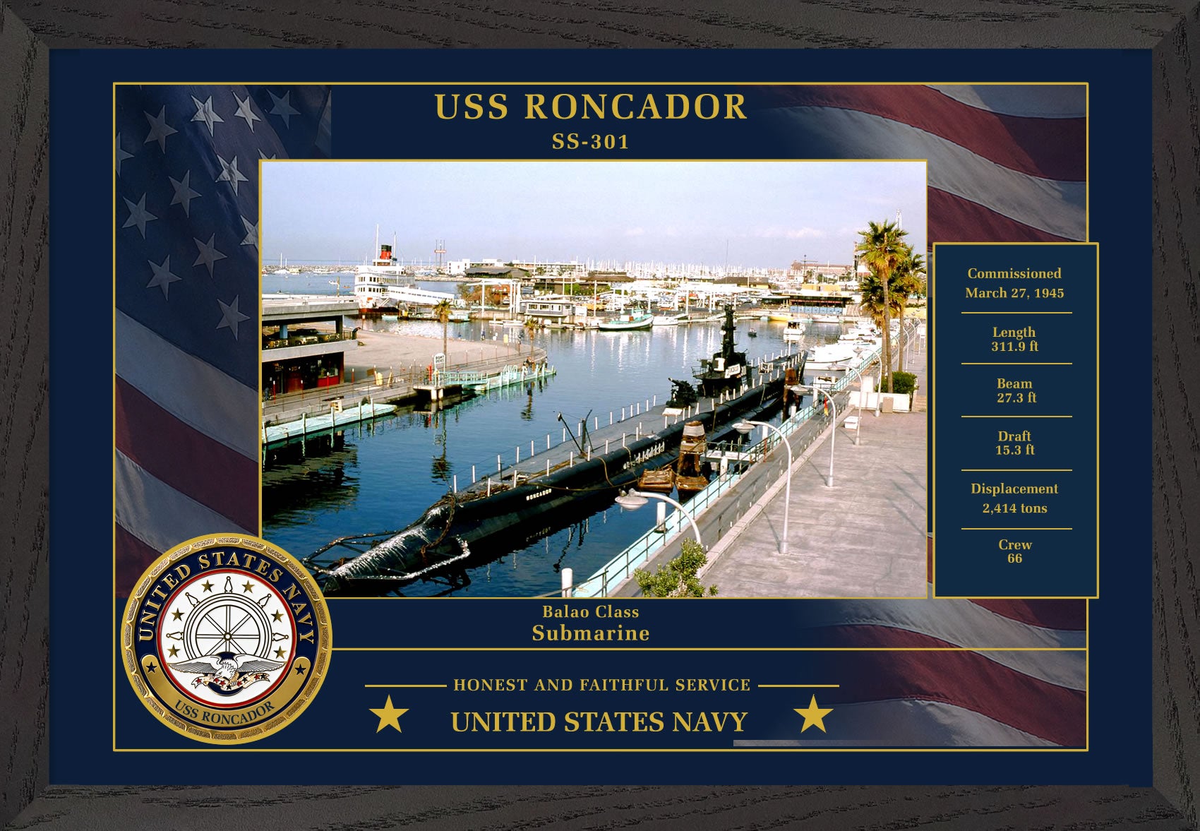 USS Roncador SS-301 Framed Patriotic Photo
