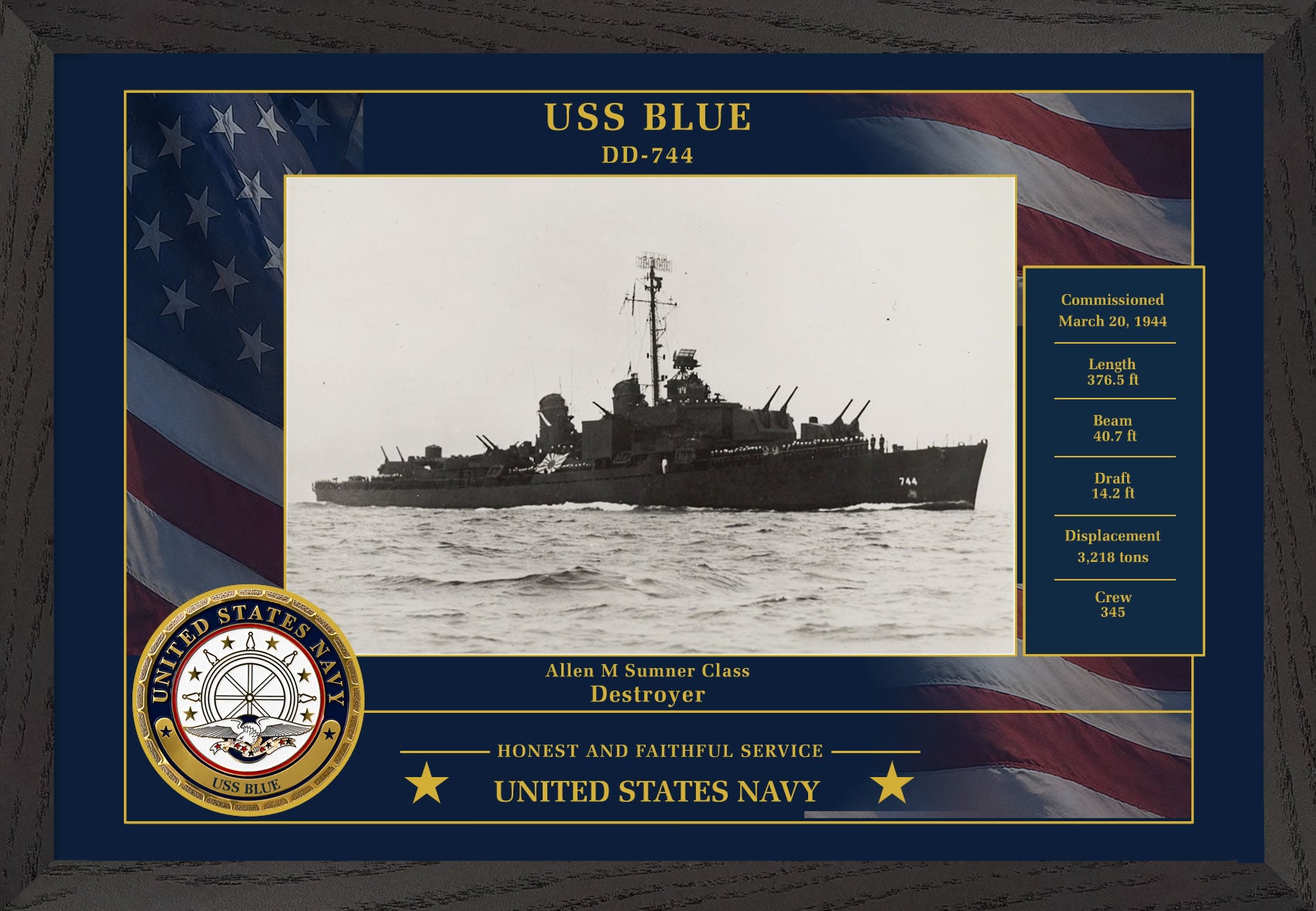 USS Blue DD-744 Framed Patriotic Photo