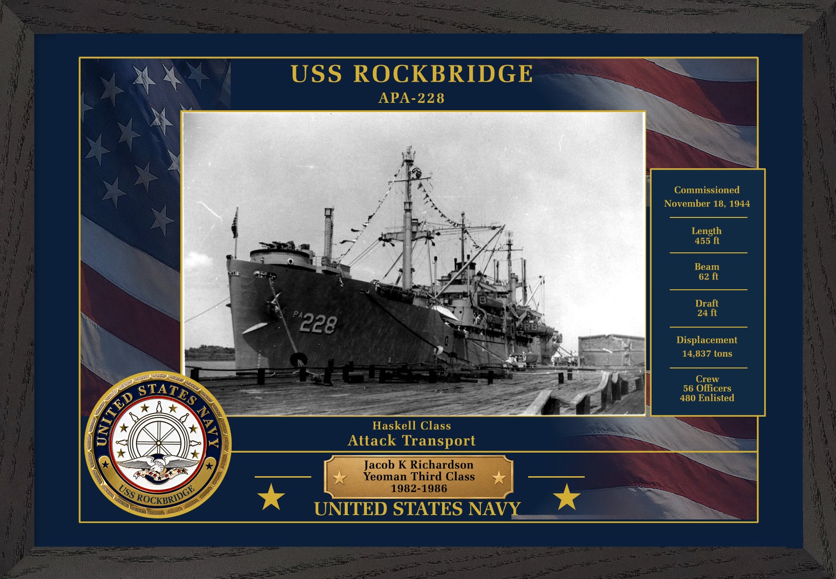 USS Rockbridge APA-228 Framed Patriotic Photo