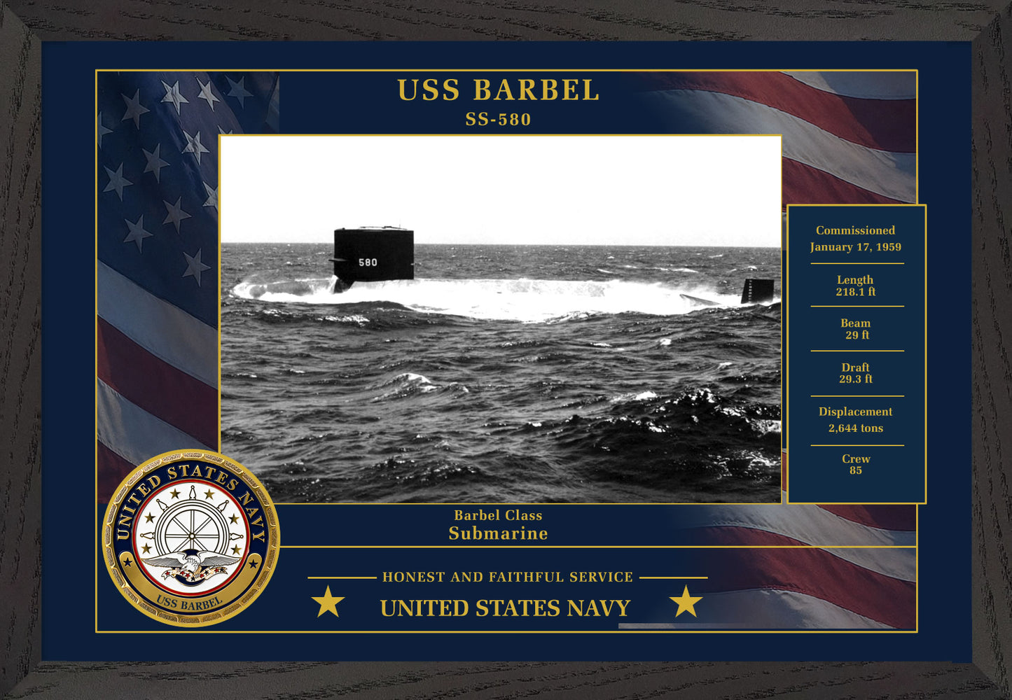 USS Barbel SS-580 Framed Patriotic Photo