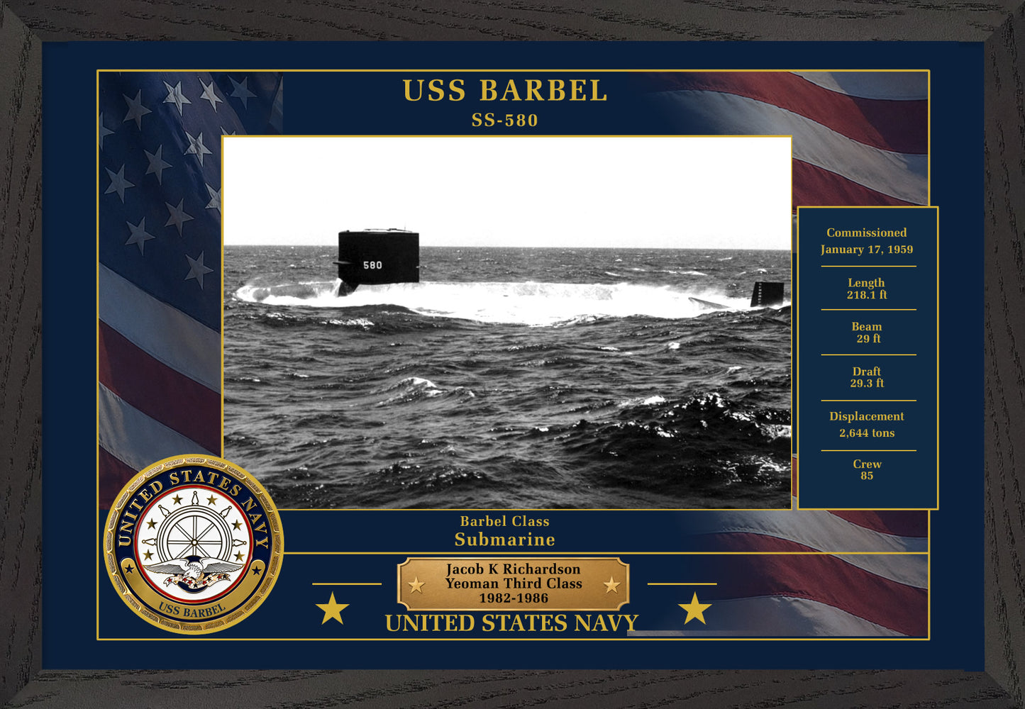 USS Barbel SS-580 Framed Patriotic Photo