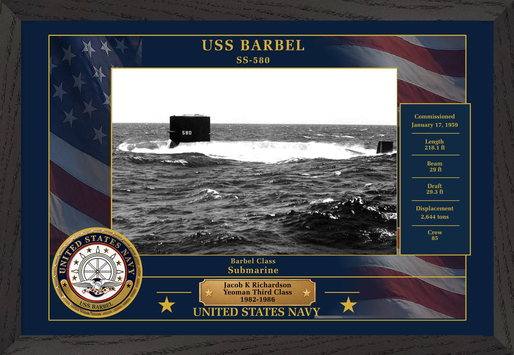 USS Barbel SS-580 Framed Patriotic Photo