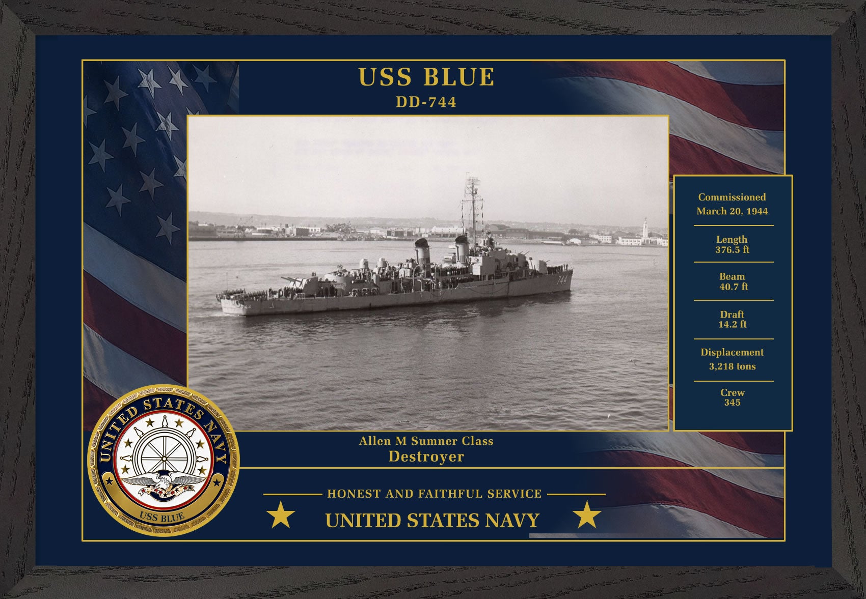 USS Blue DD-744 Framed Patriotic Photo