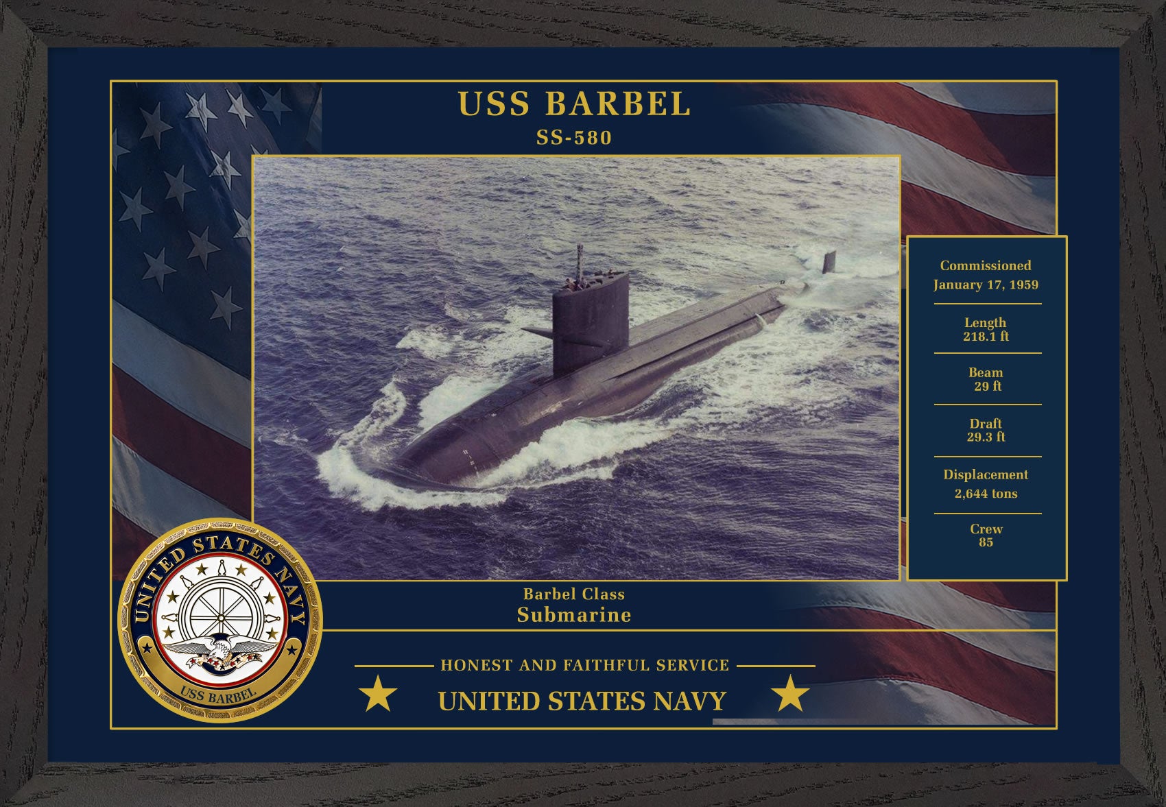 USS Barbel SS-580 Framed Patriotic Photo