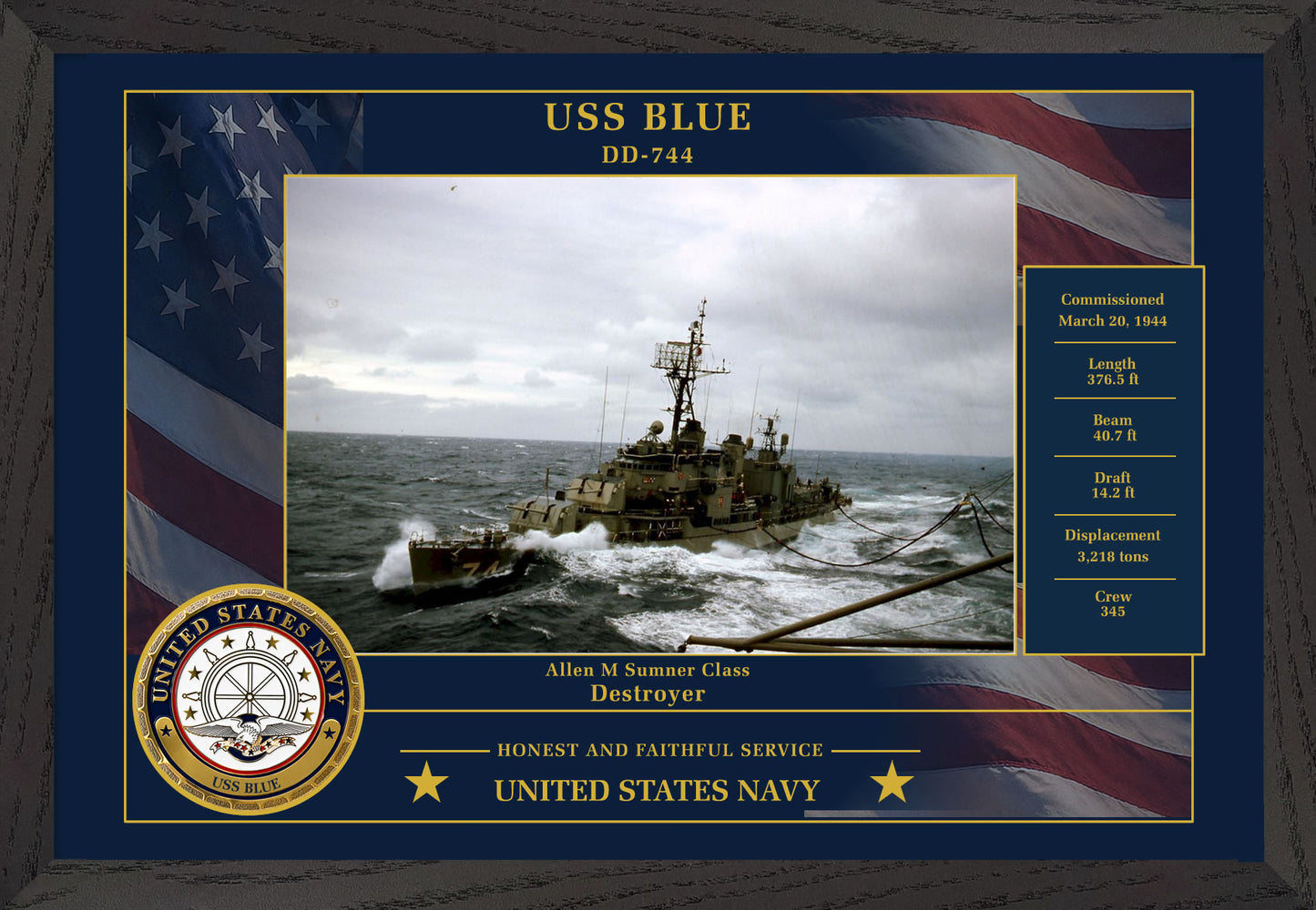 USS Blue DD-744 Framed Patriotic Photo