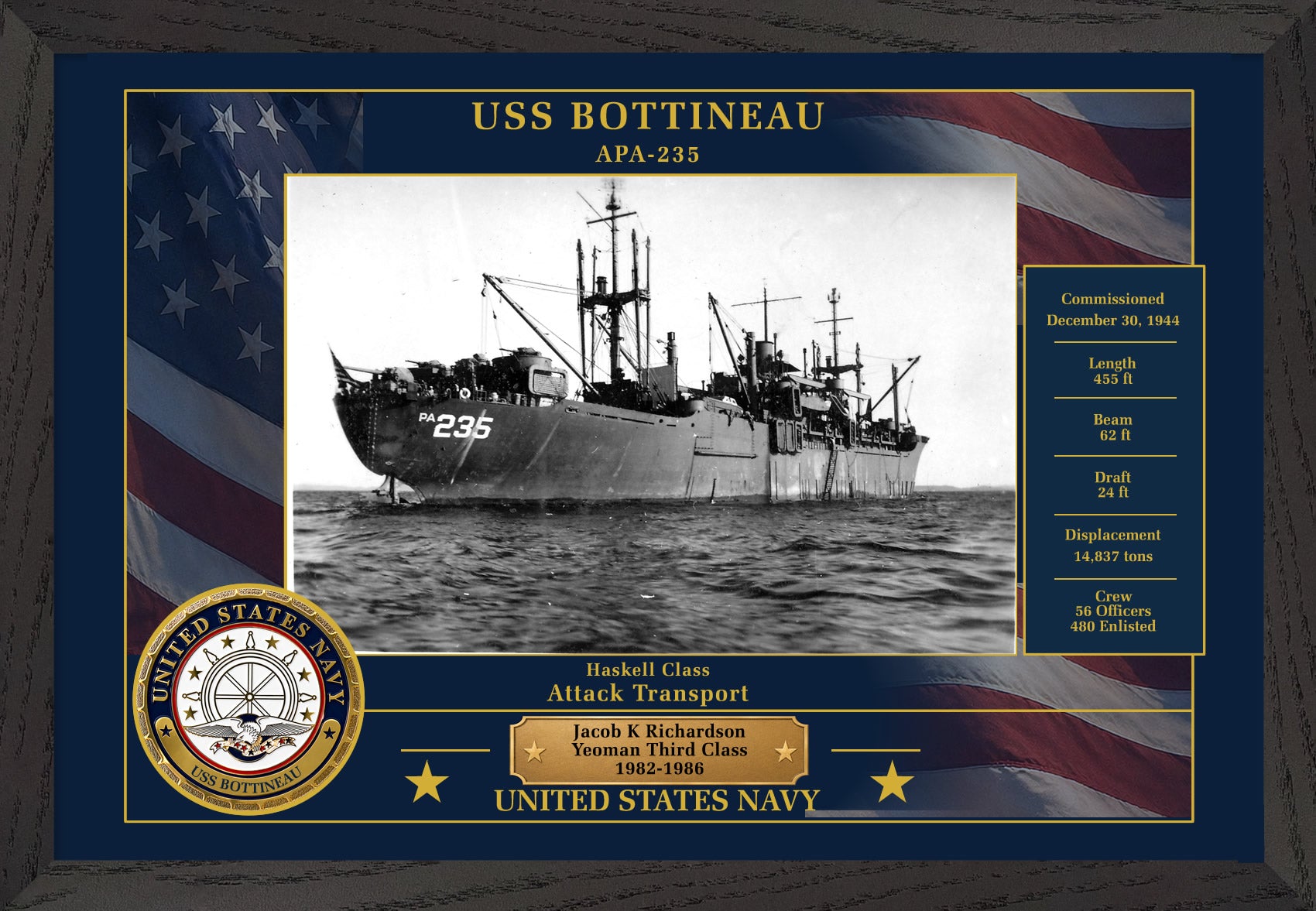 USS Bottineau APA-235 Framed Patriotic Photo