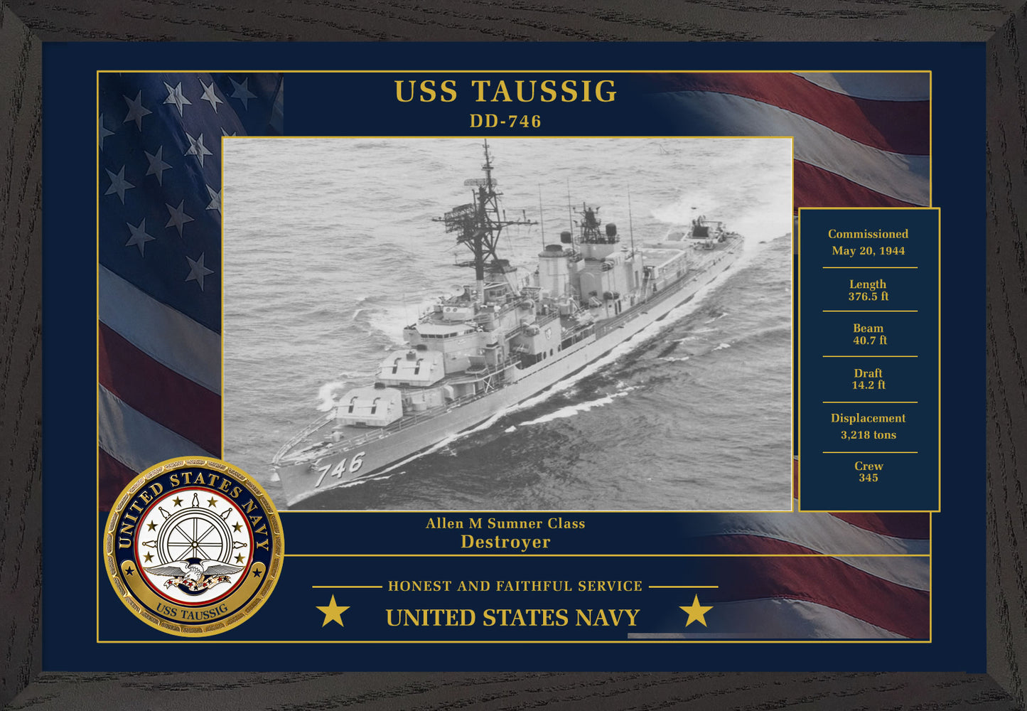 USS Taussig DD-746 Framed Patriotic Photo