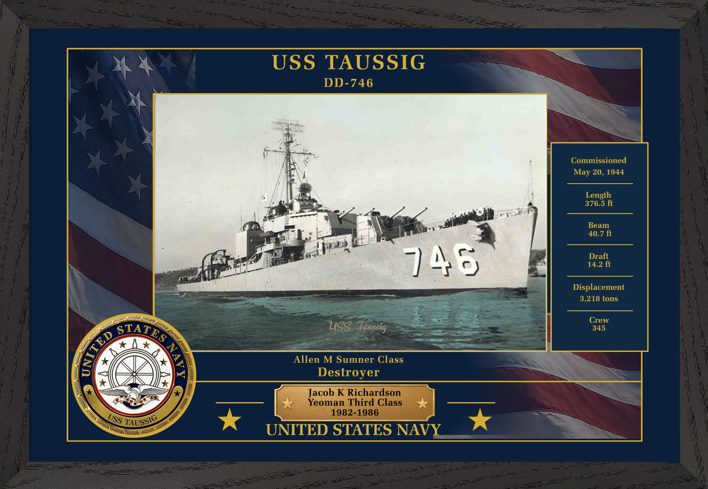 USS Taussig DD-746 Framed Patriotic Photo
