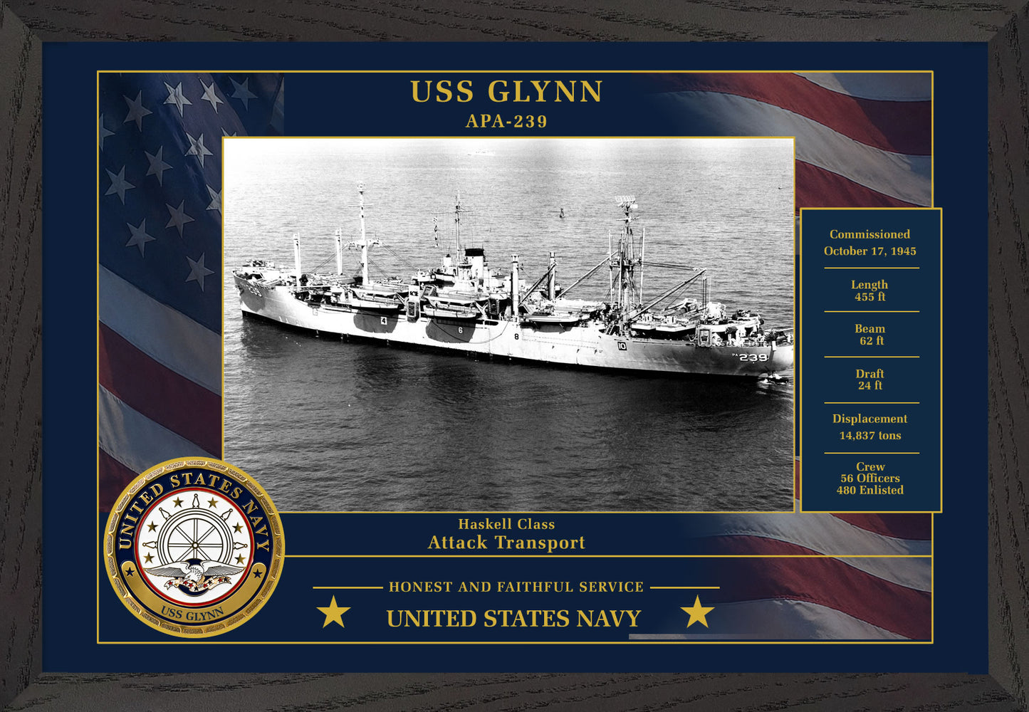 USS Glynn APA-239 Framed Patriotic Photo