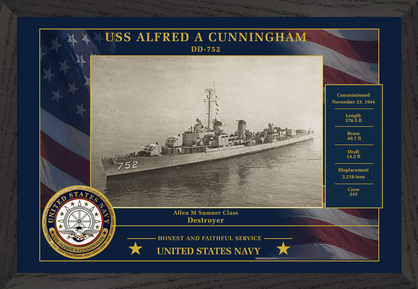 USS Alfred A Cunningham DD-752 Framed Patriotic Photo