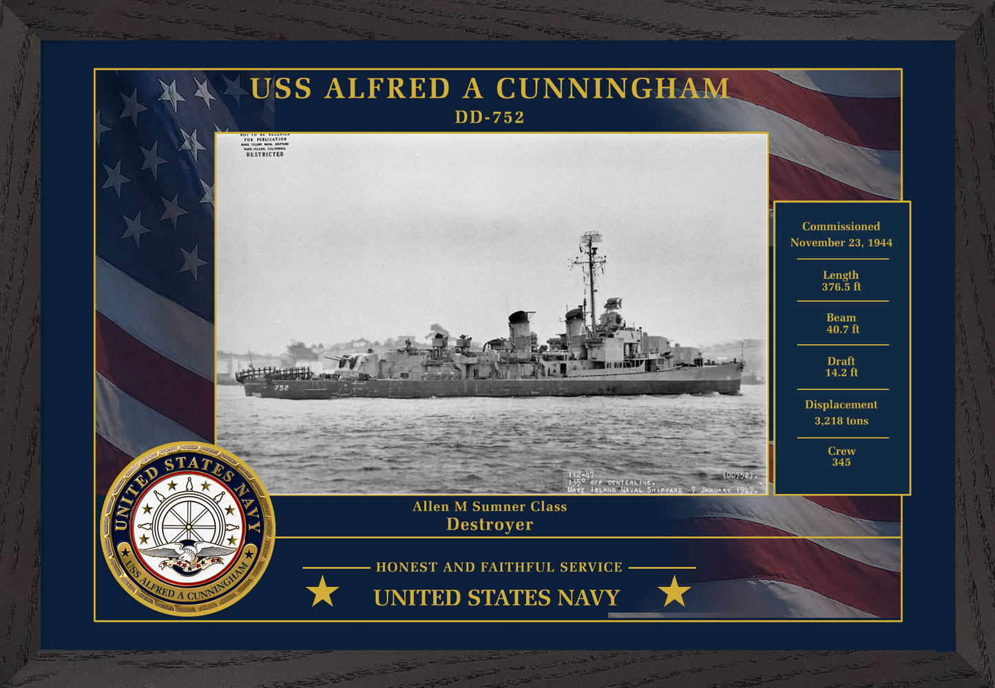 USS Alfred A Cunningham DD-752 Framed Patriotic Photo