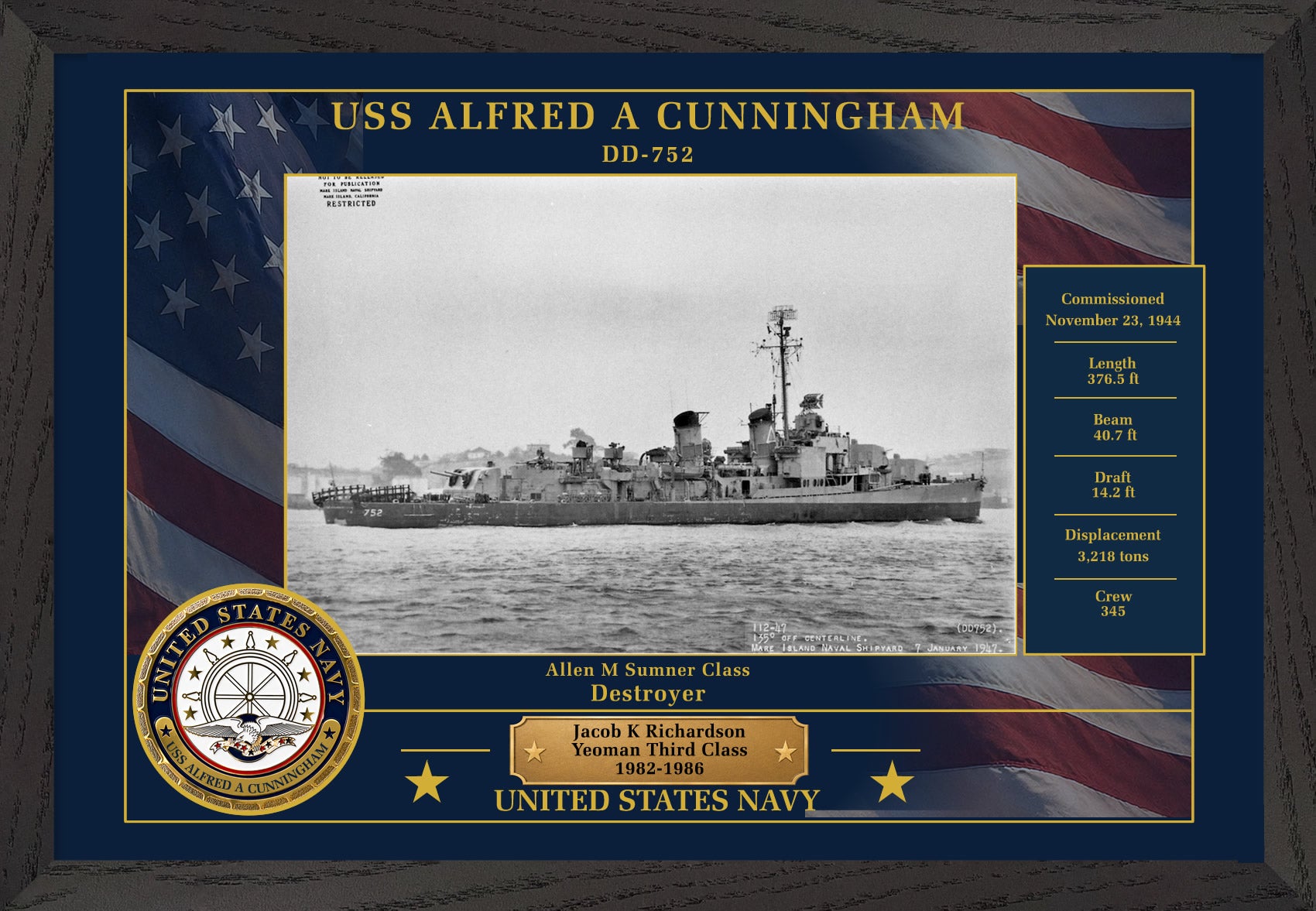 USS Alfred A Cunningham DD-752 Framed Patriotic Photo