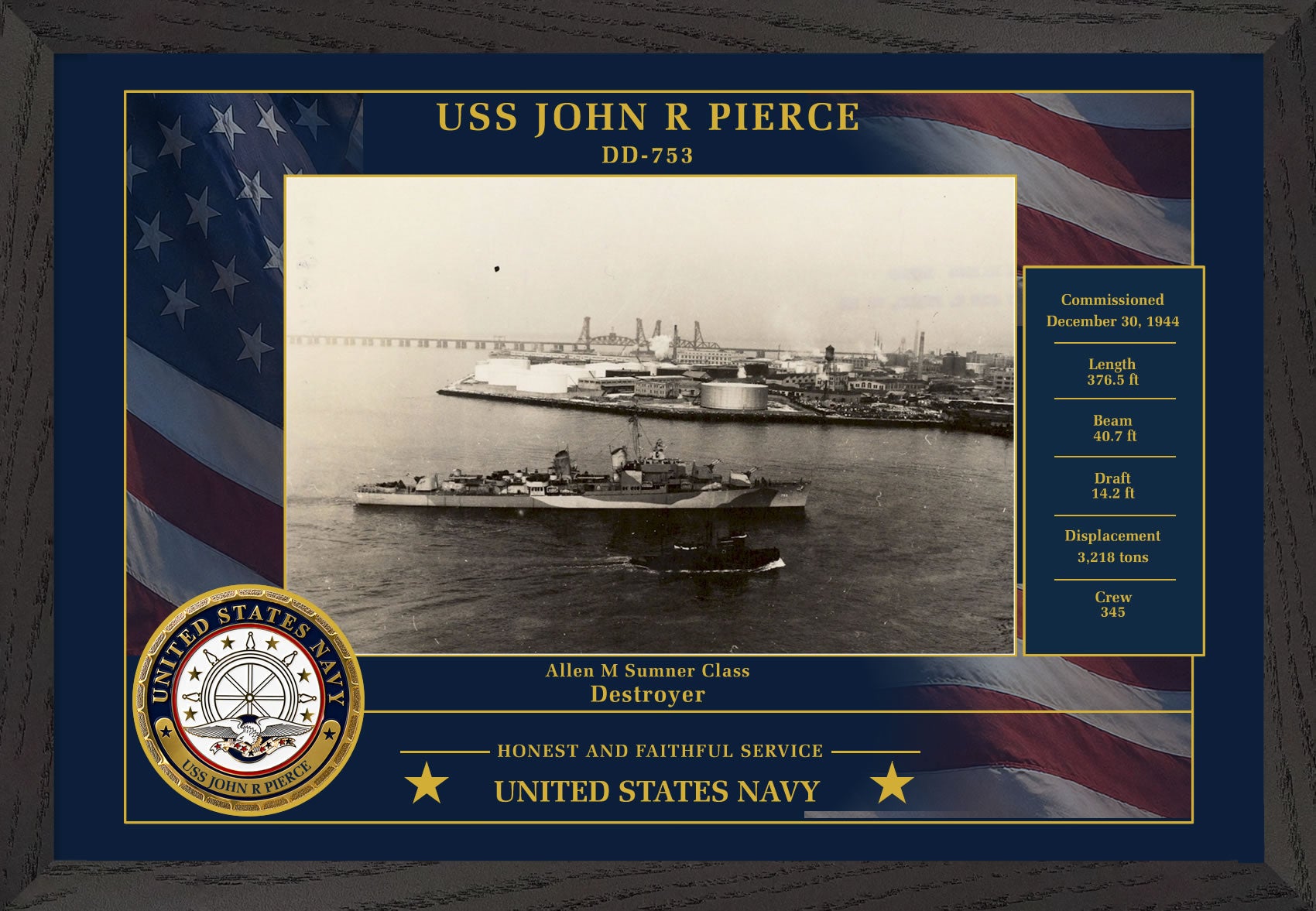 USS John R Pierce DD-753 Framed Patriotic Photo