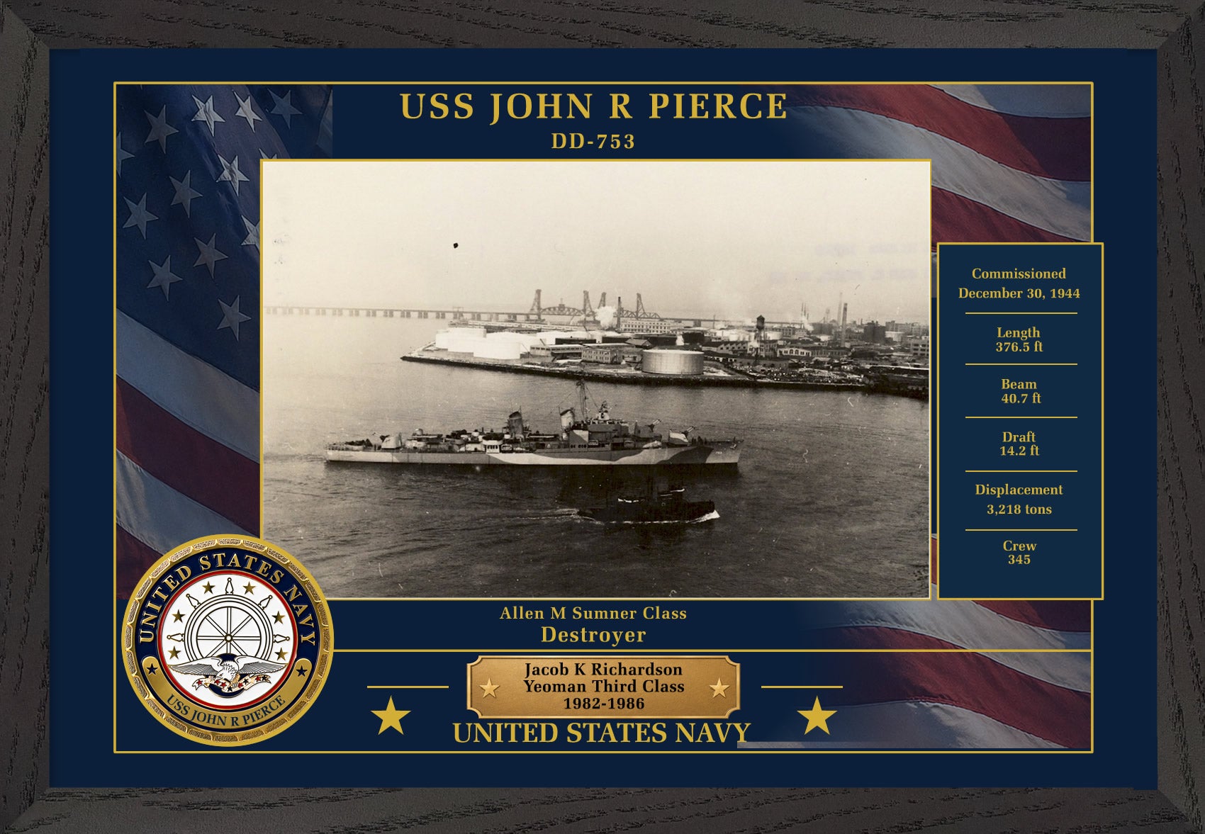 USS John R Pierce DD-753 Framed Patriotic Photo