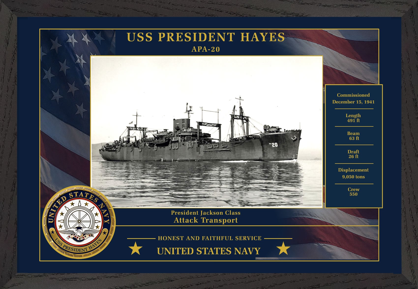 USS President Hayes APA-20 Framed Patriotic Photo