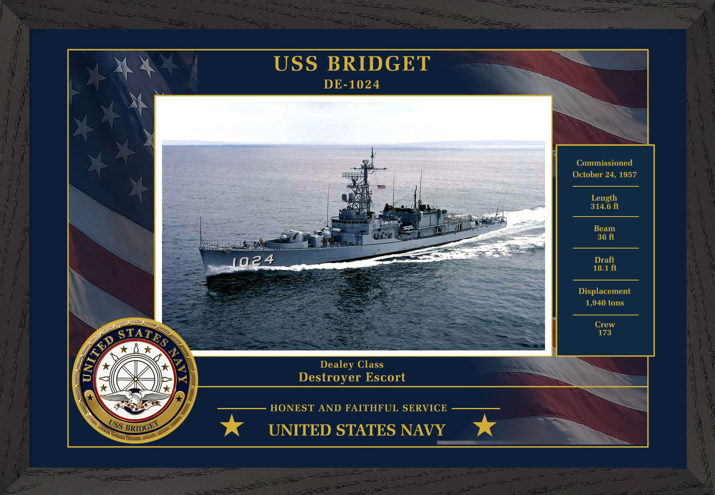 USS Bridget DE-1024 Framed Patriotic Photo