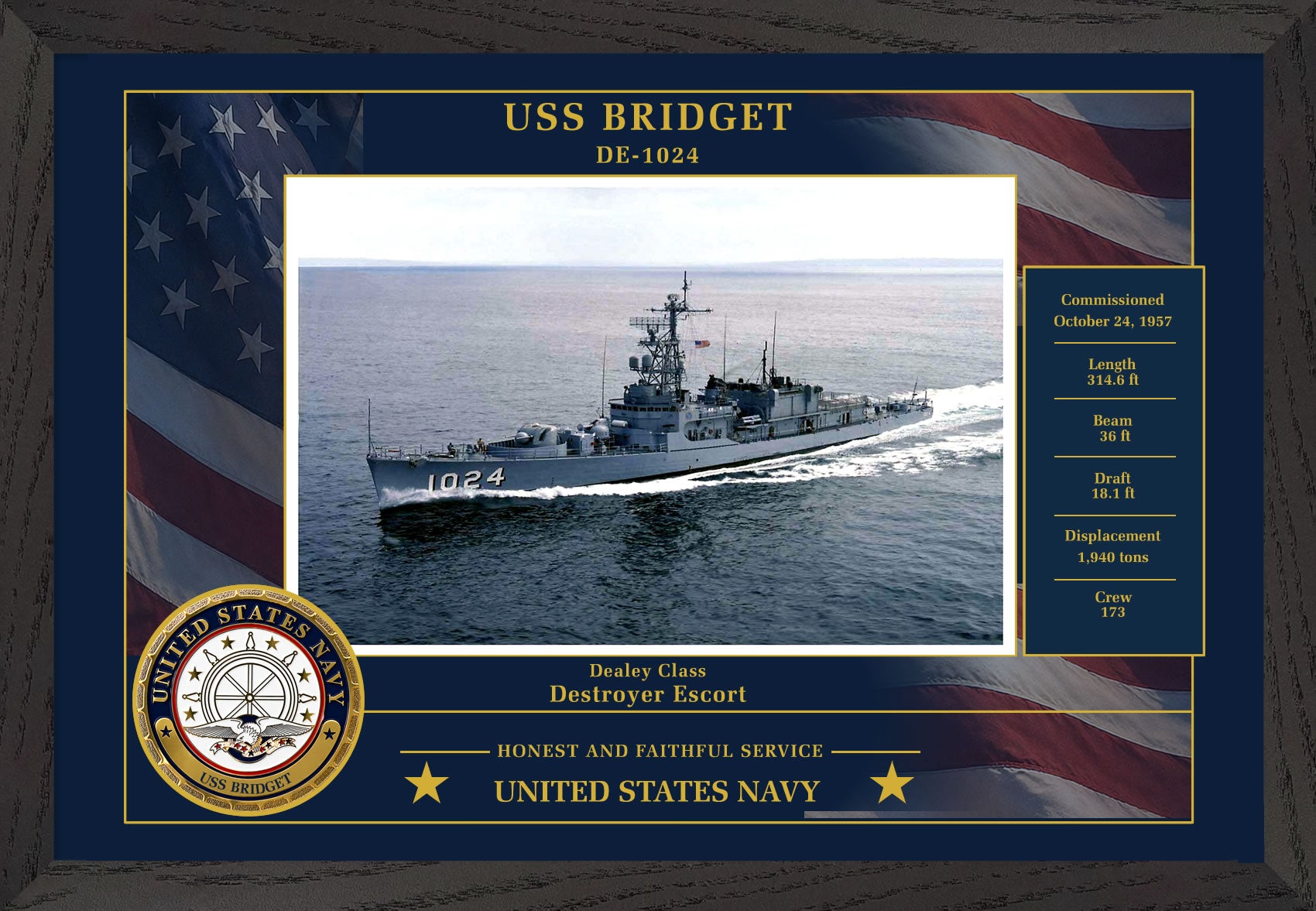 USS Bridget DE-1024 Framed Patriotic Photo