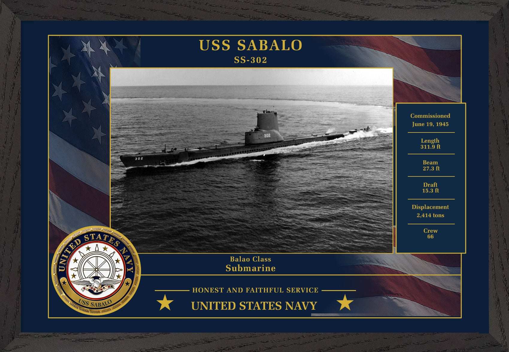 USS Sabalo SS-302 Framed Patriotic Photo