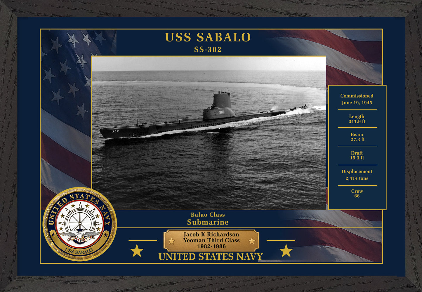 USS Sabalo SS-302 Framed Patriotic Photo