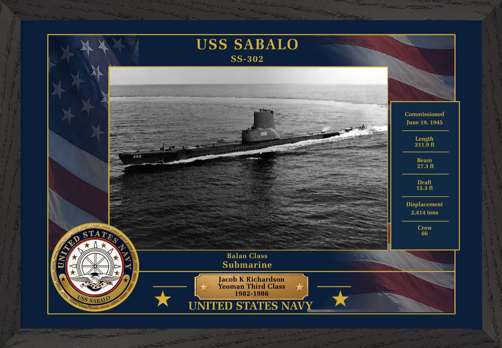 USS Sabalo SS-302 Framed Patriotic Photo