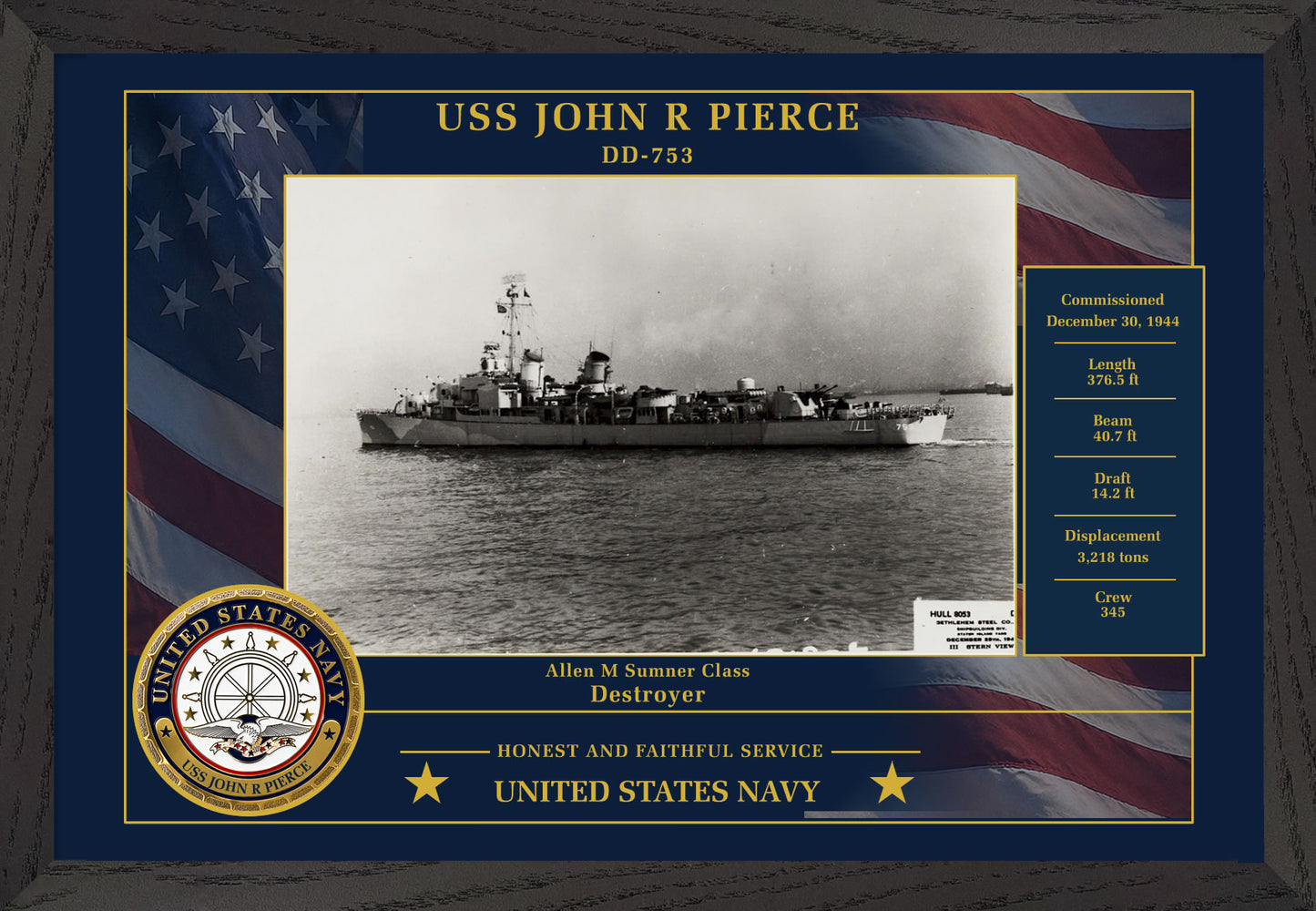 USS John R Pierce DD-753 Framed Patriotic Photo