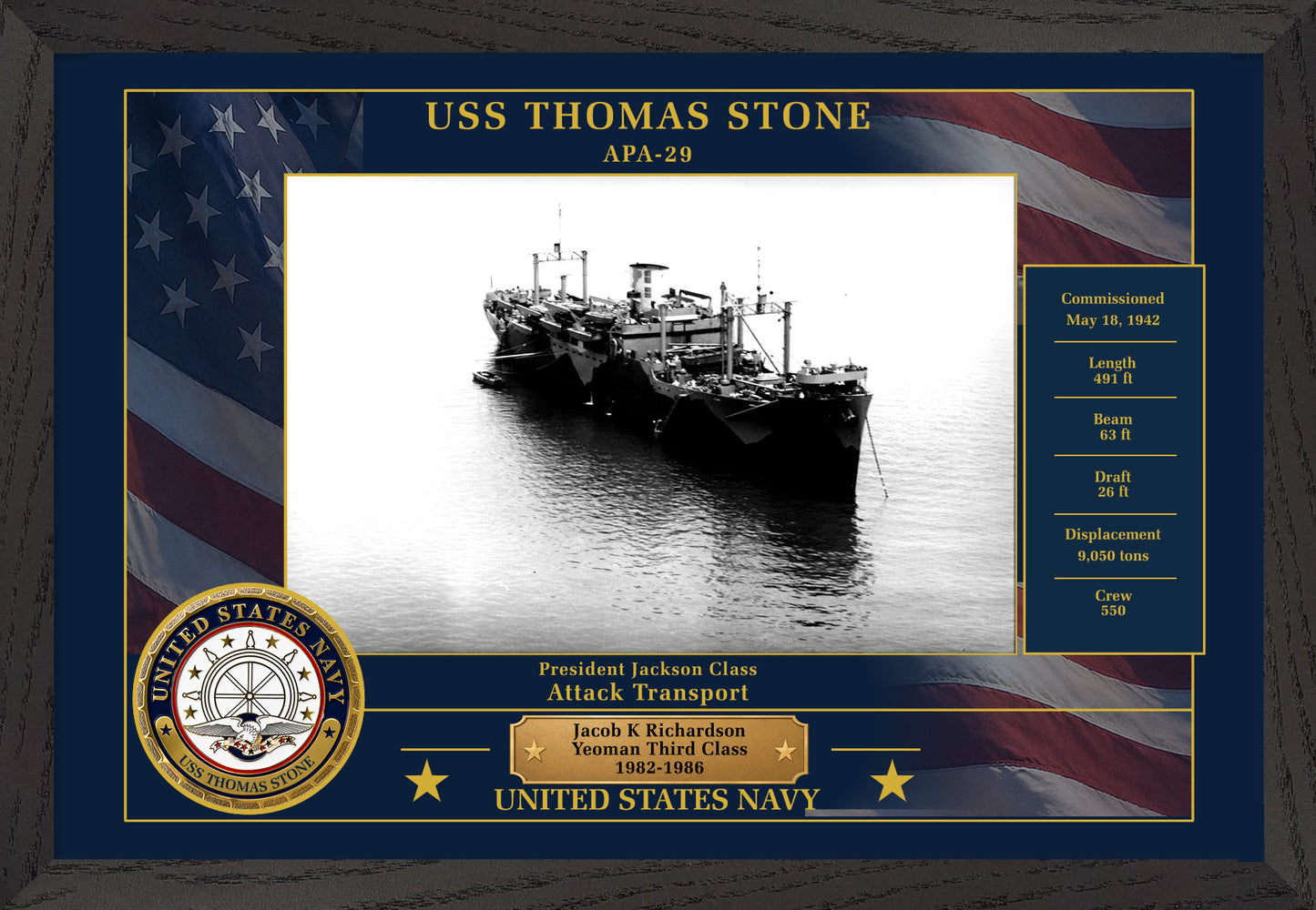 USS Thomas Stone APA-29 Framed Patriotic Photo