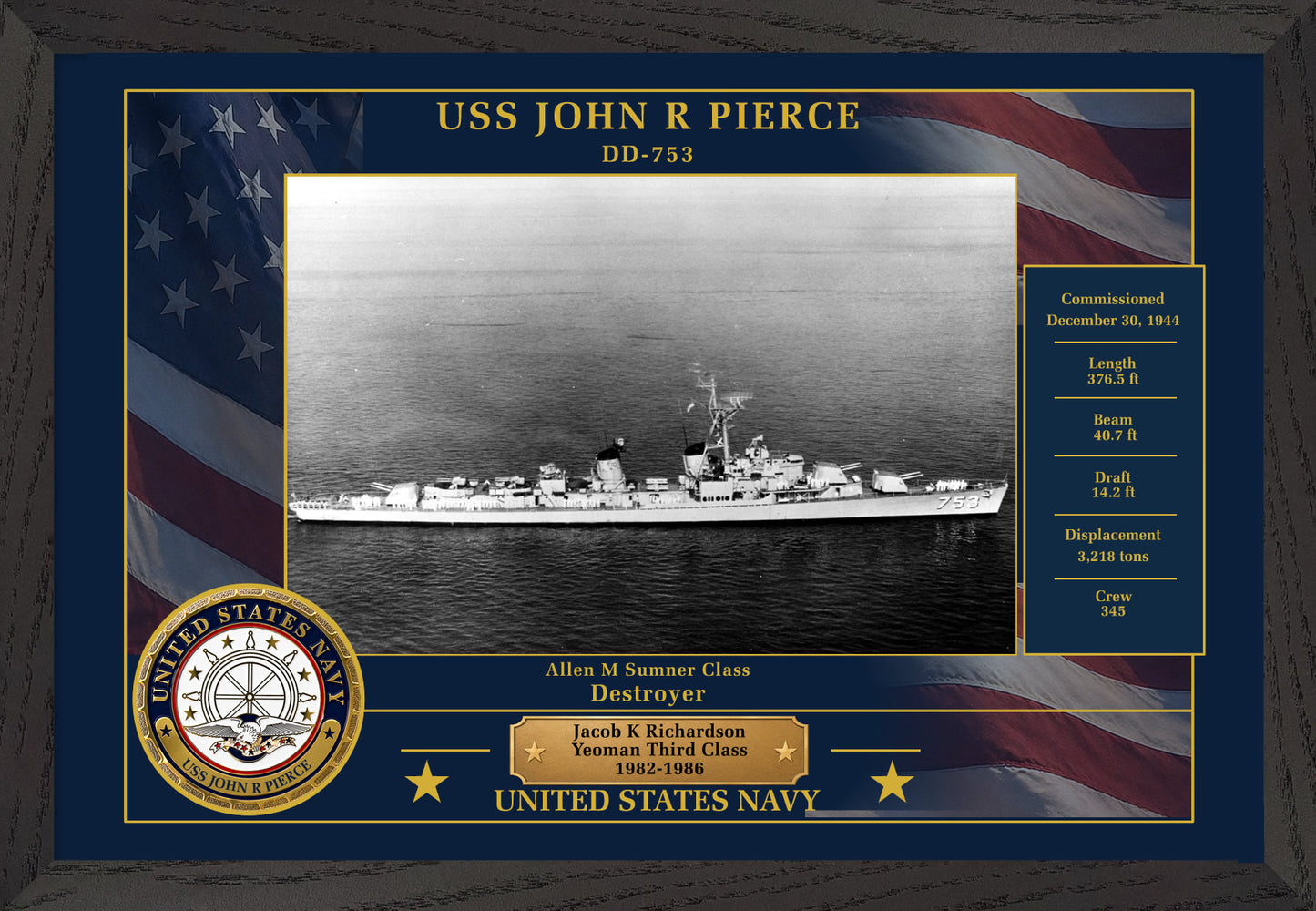 USS John R Pierce DD-753 Framed Patriotic Photo
