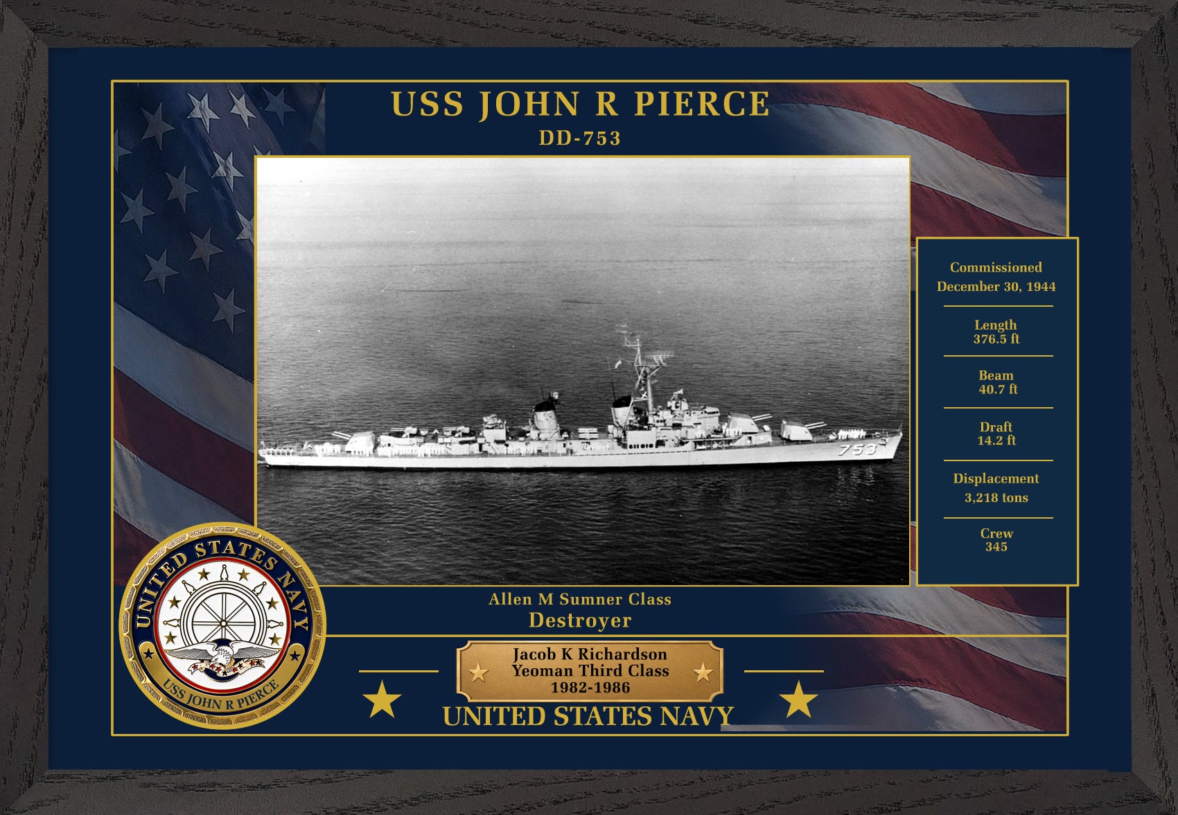 USS John R Pierce DD-753 Framed Patriotic Photo