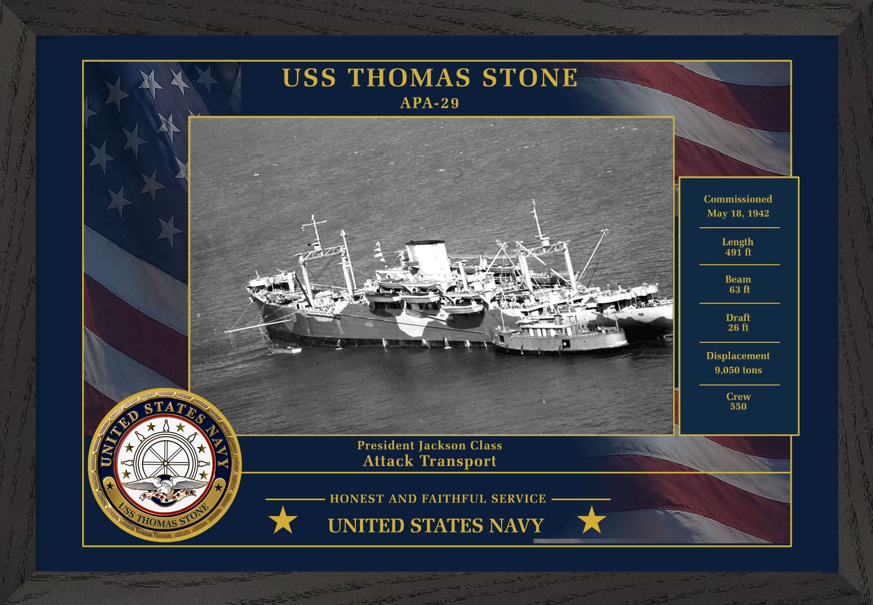 USS Thomas Stone APA-29 Framed Patriotic Photo