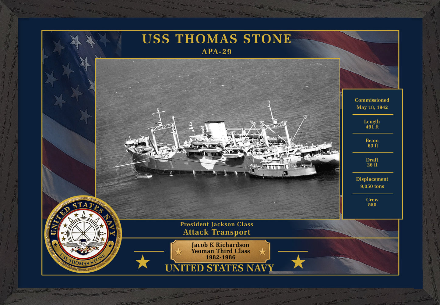 USS Thomas Stone APA-29 Framed Patriotic Photo