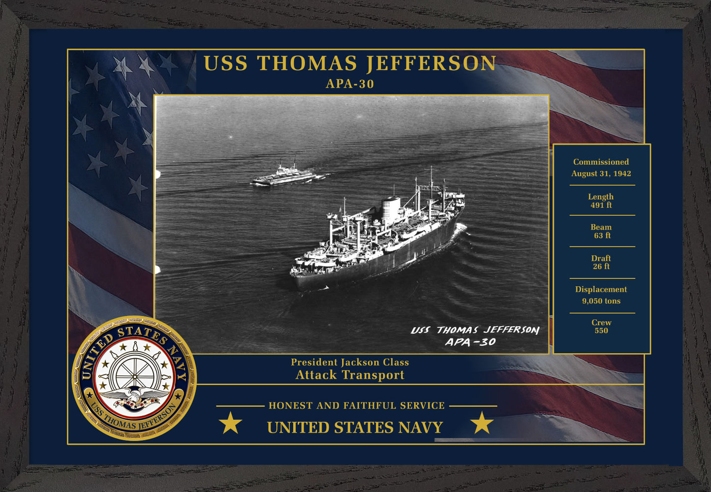 USS Thomas Jefferson APA-30 Framed Patriotic Photo