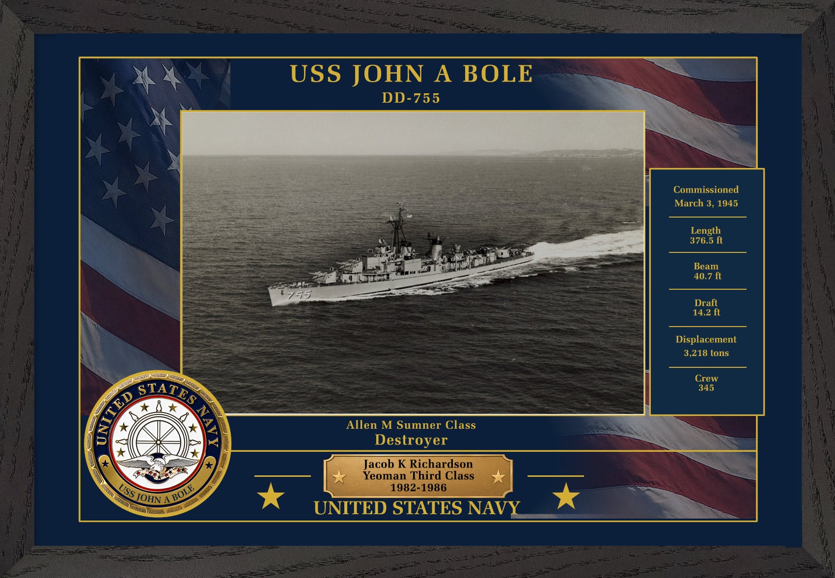 USS John A Bole DD-755 Framed Patriotic Photo