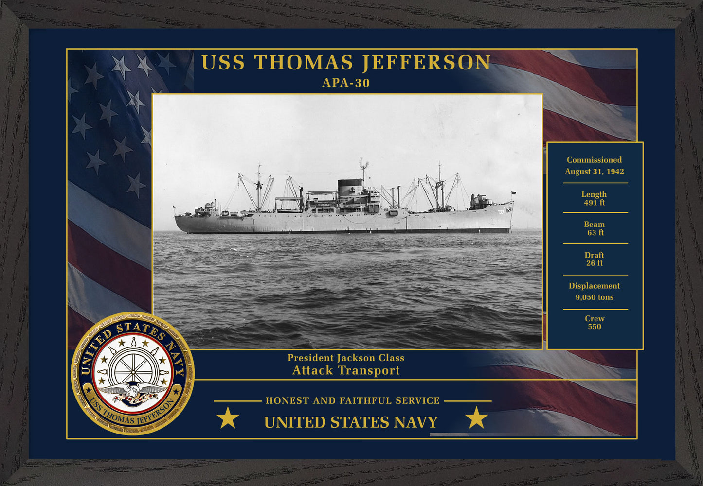 USS Thomas Jefferson APA-30 Framed Patriotic Photo