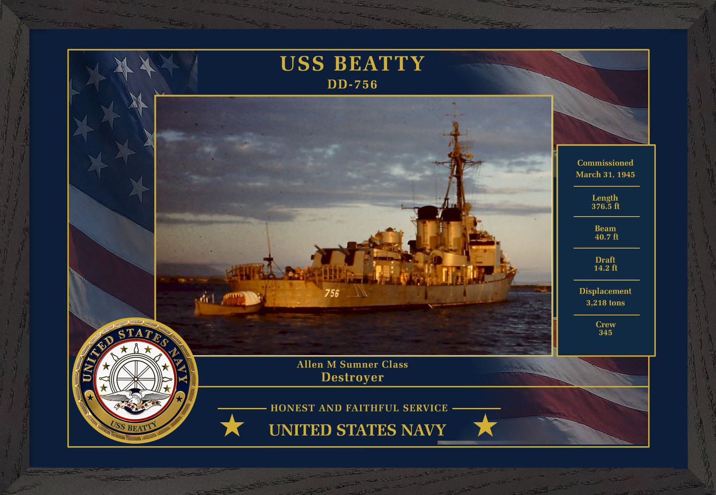USS Beatty DD-756 Framed Patriotic Photo