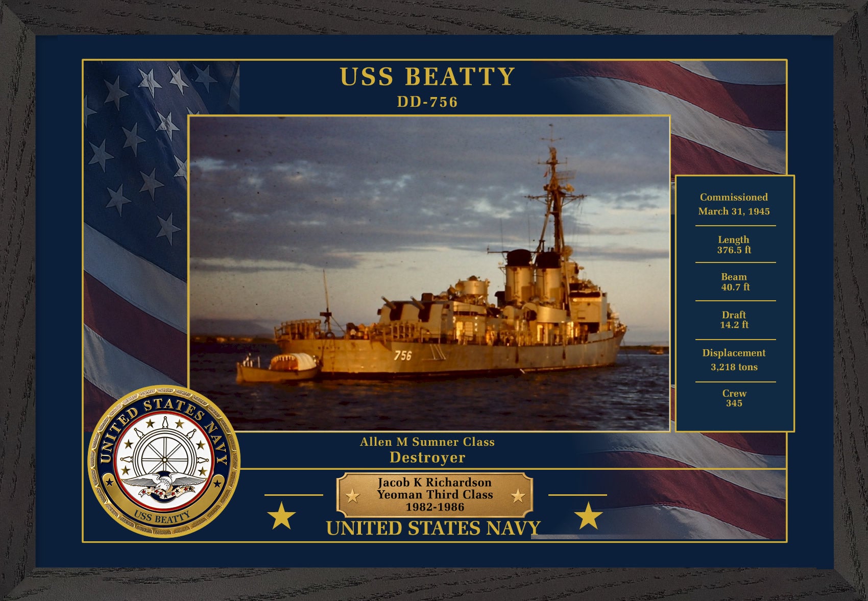 USS Beatty DD-756 Framed Patriotic Photo