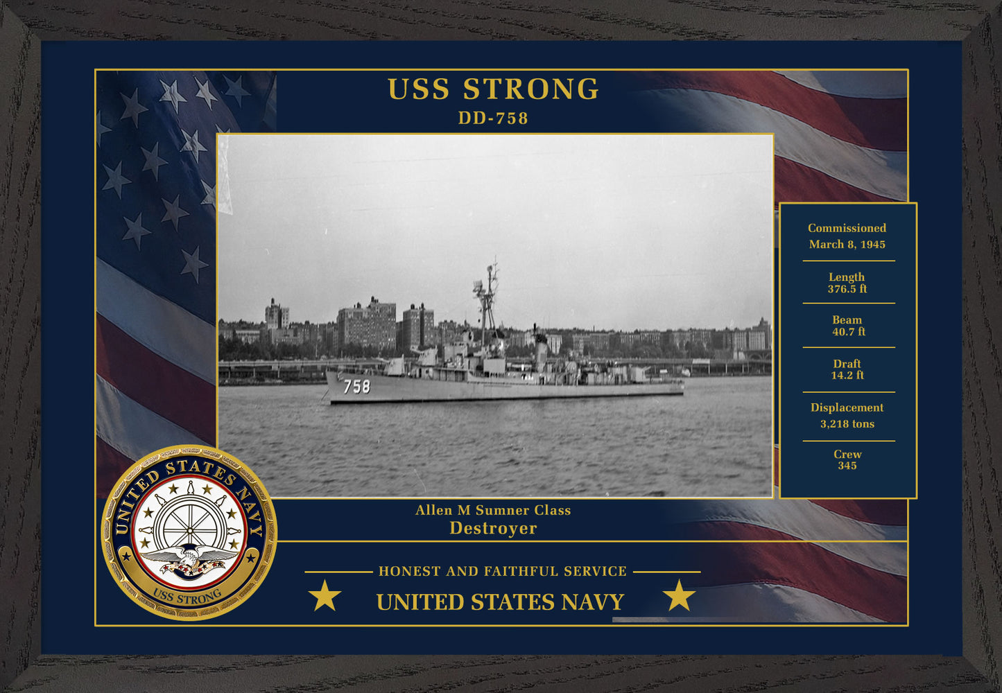 USS Strong DD-758 Framed Patriotic Photo