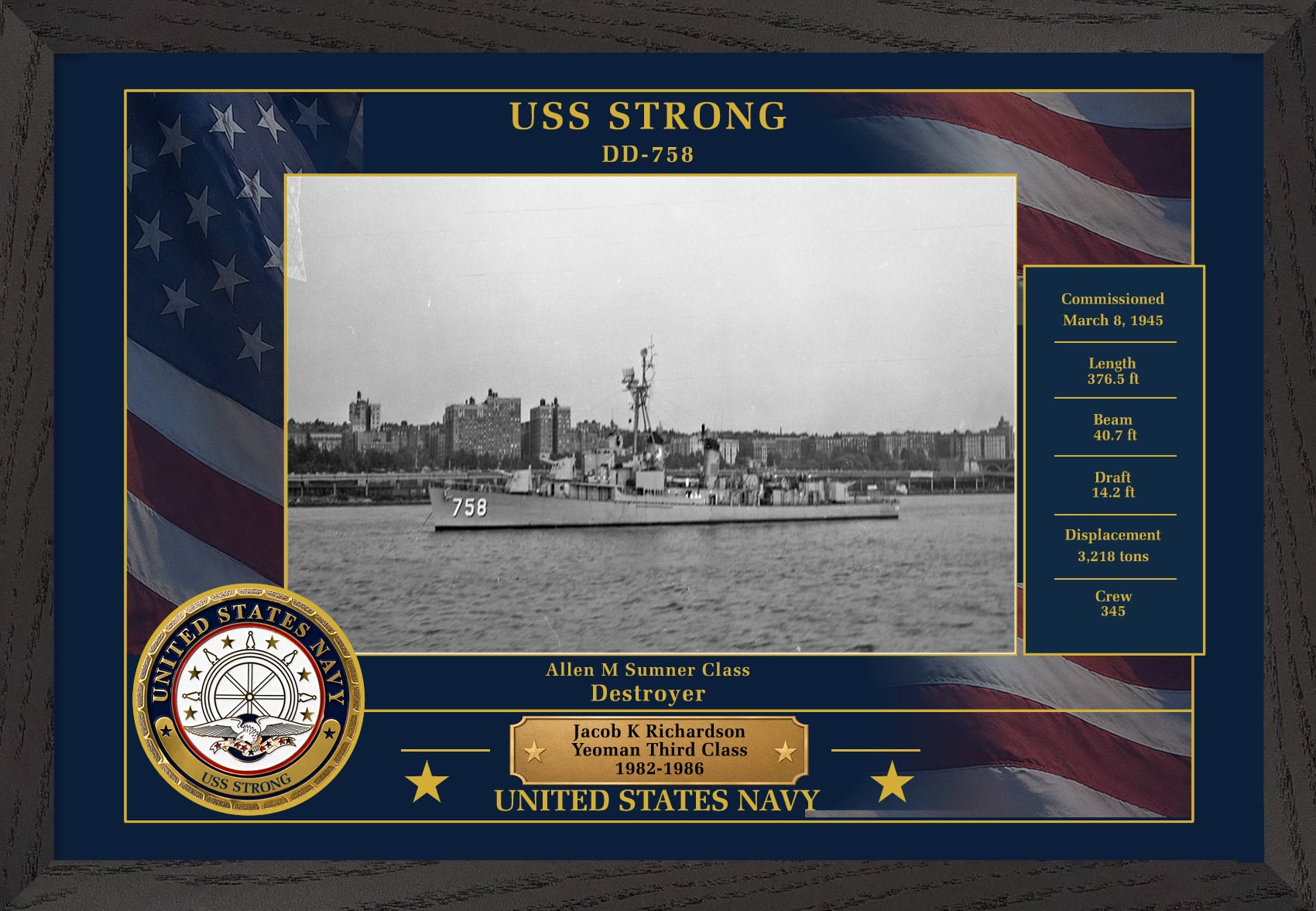 USS Strong DD-758 Framed Patriotic Photo
