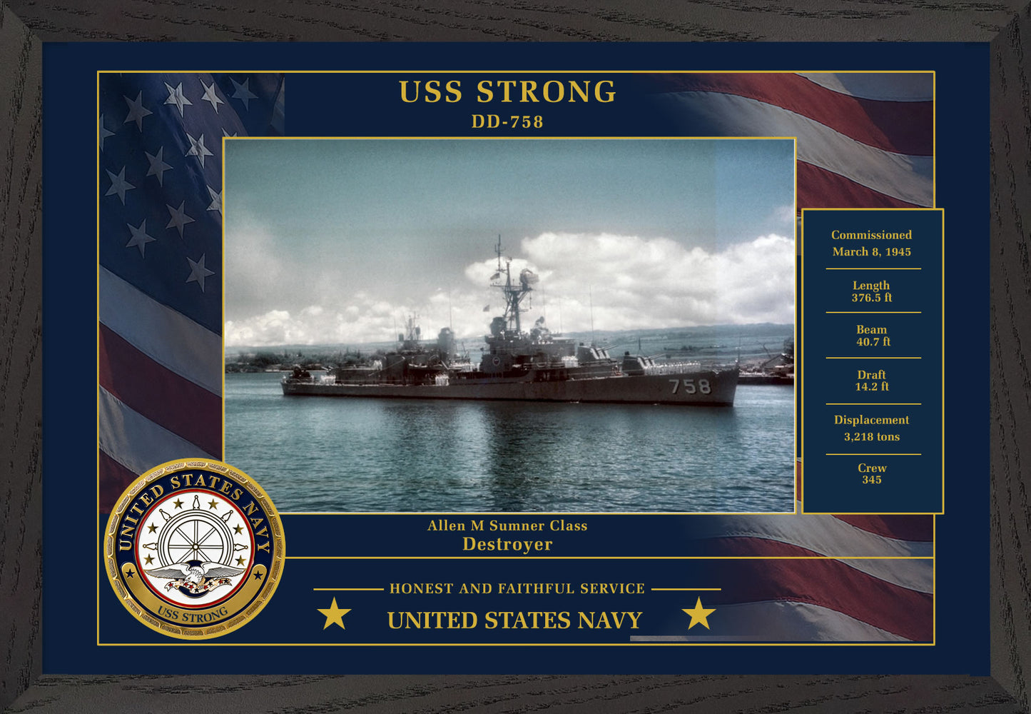 USS Strong DD-758 Framed Patriotic Photo