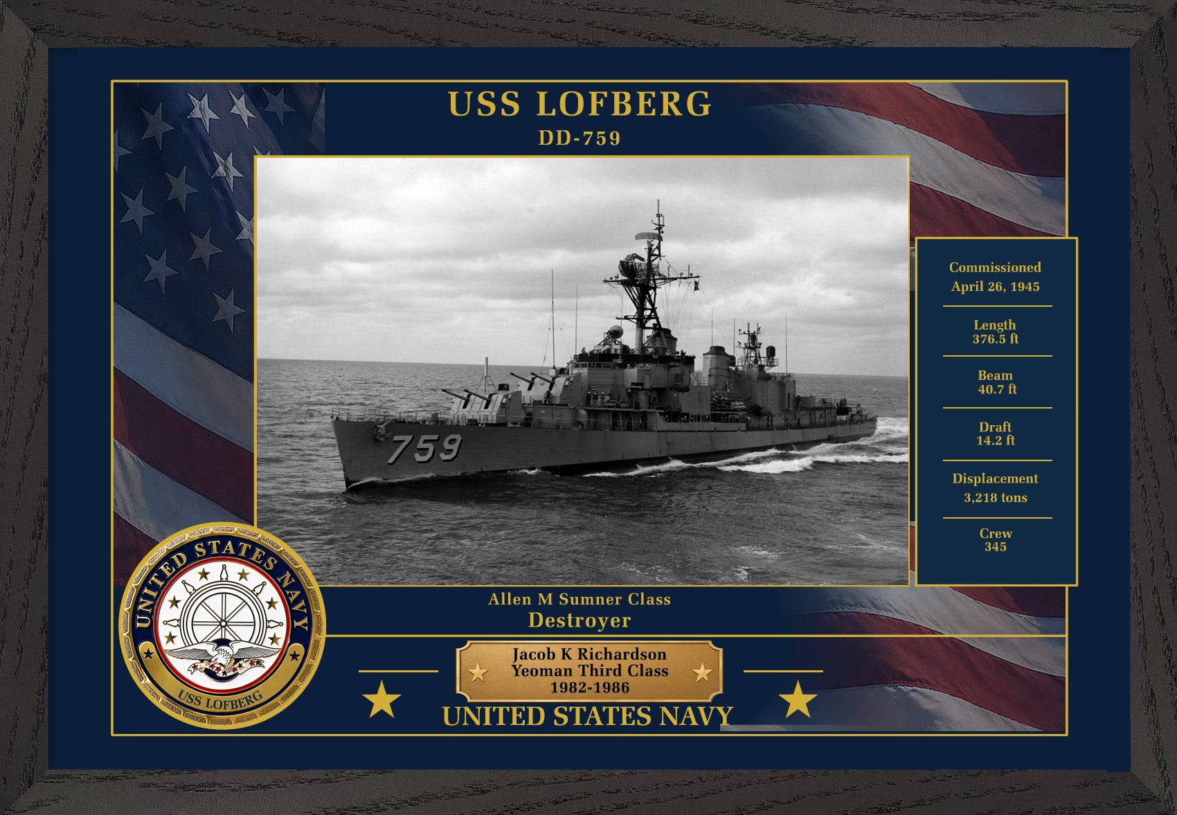 USS Lofberg DD-759 Framed Patriotic Photo