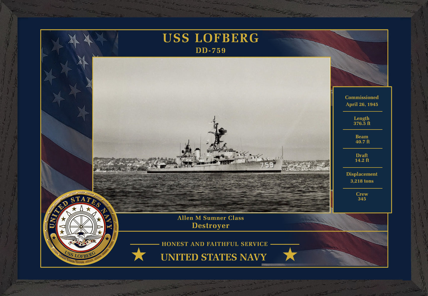USS Lofberg DD-759 Framed Patriotic Photo