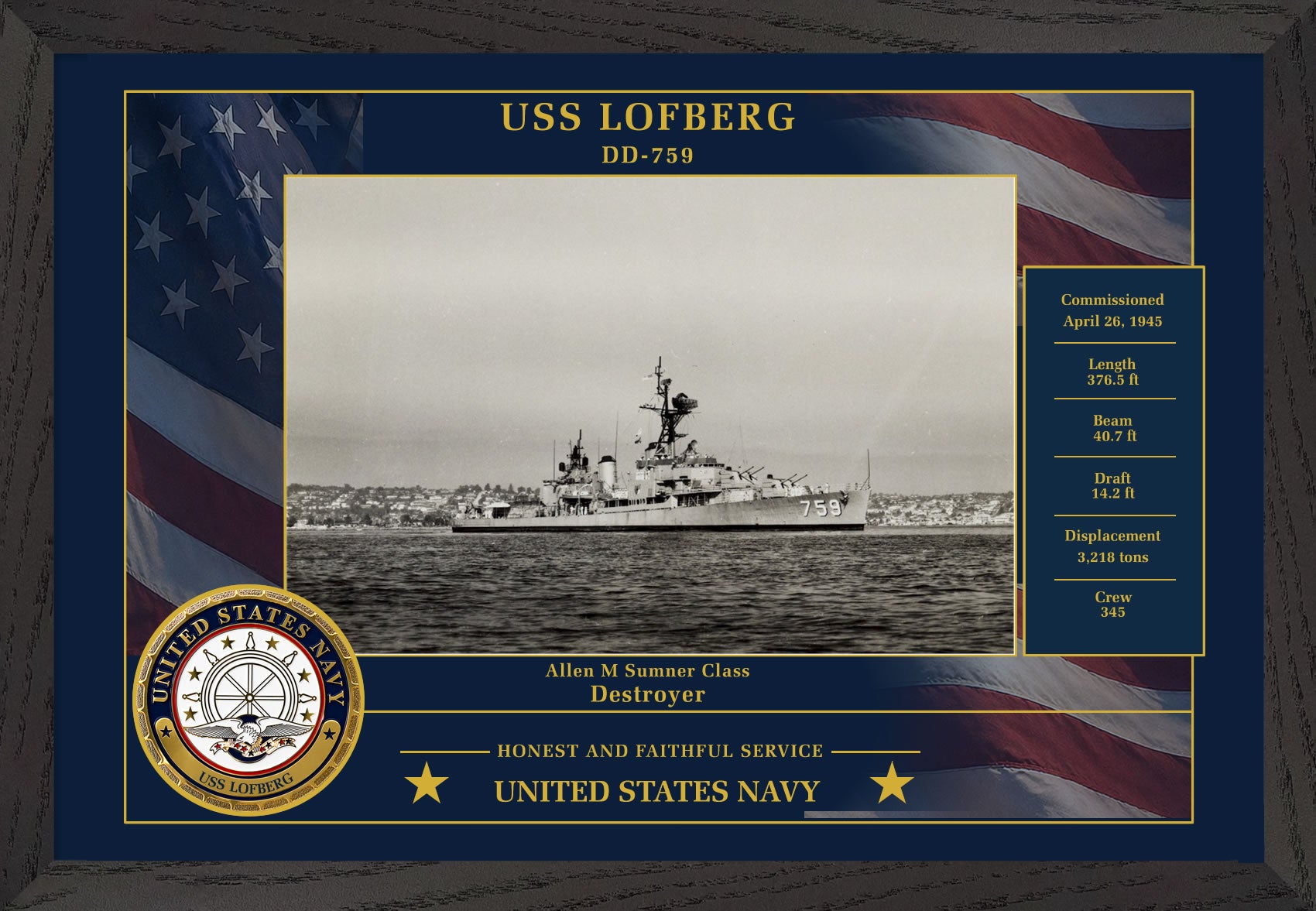 USS Lofberg DD-759 Framed Patriotic Photo