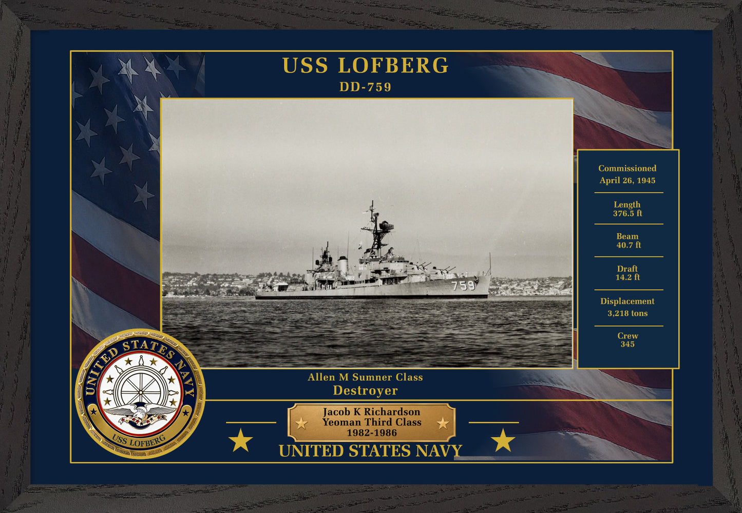 USS Lofberg DD-759 Framed Patriotic Photo