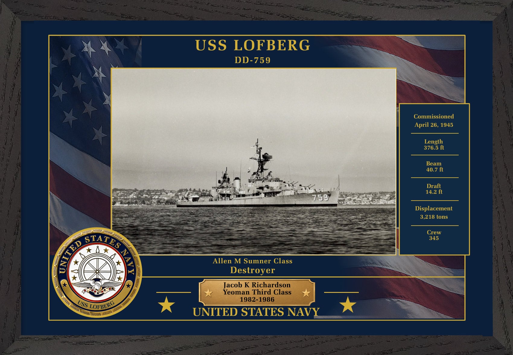 USS Lofberg DD-759 Framed Patriotic Photo