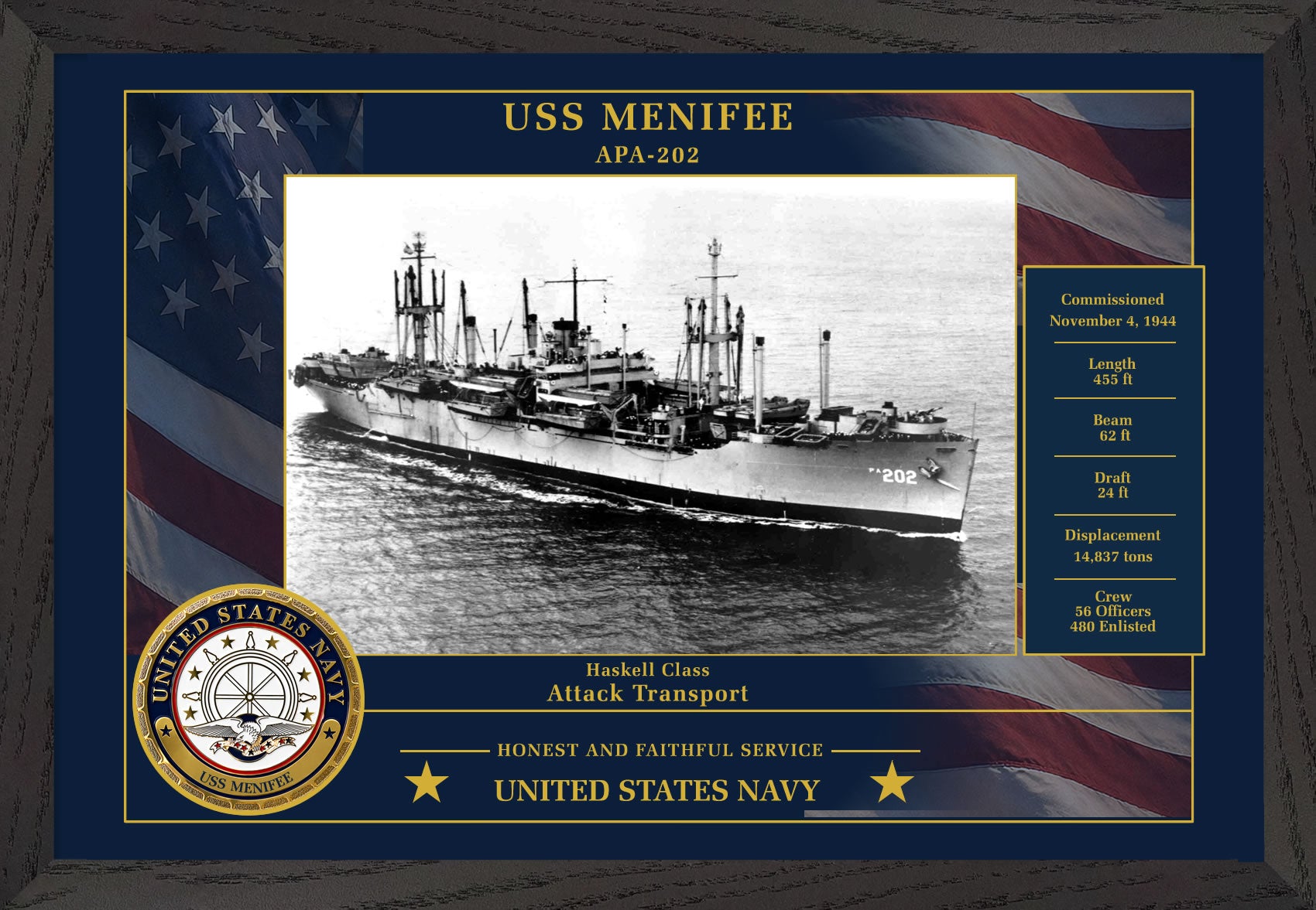USS Menifee APA-202 Framed Patriotic Photo