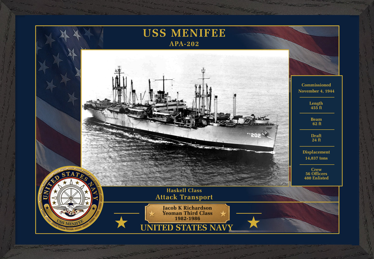 USS Menifee APA-202 Framed Patriotic Photo